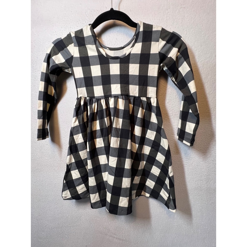 Hanna Andersson Dress Size 4 Girls Black Gray White Buffalo Plaid‎ Long Sleeve